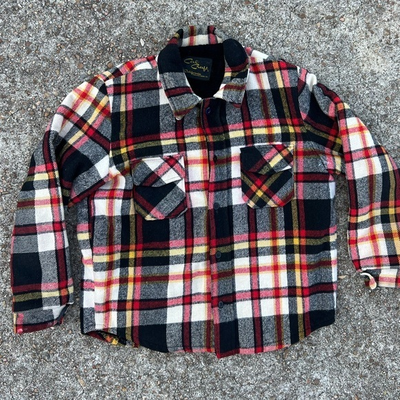 Vintage 80s! Made in‎ USA Cal Craft Patchwork Jacket Coat Red White Black Fleece - Picture 1 of 7